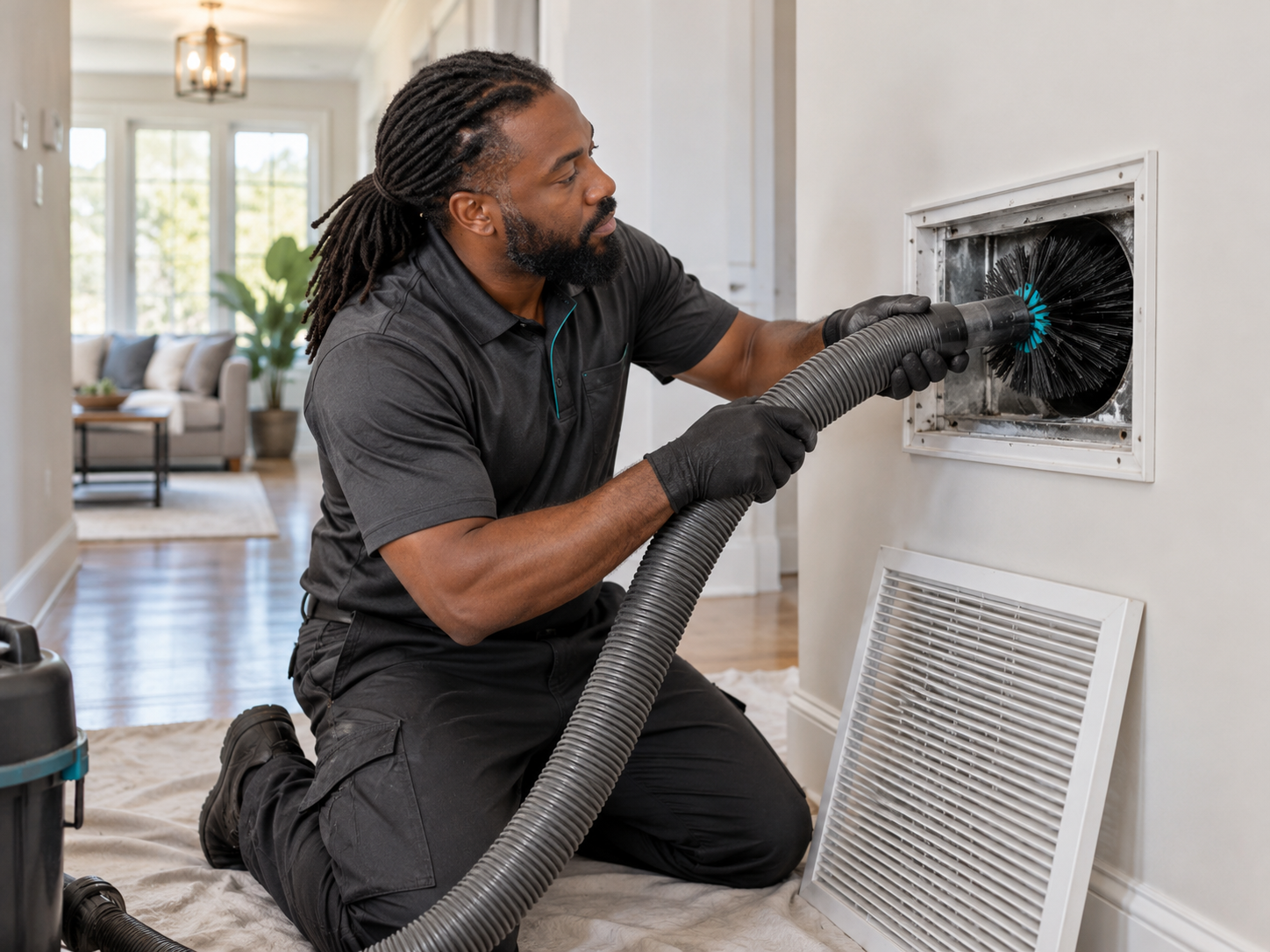 Black technician cleaning a residential air duct with a hose and brush