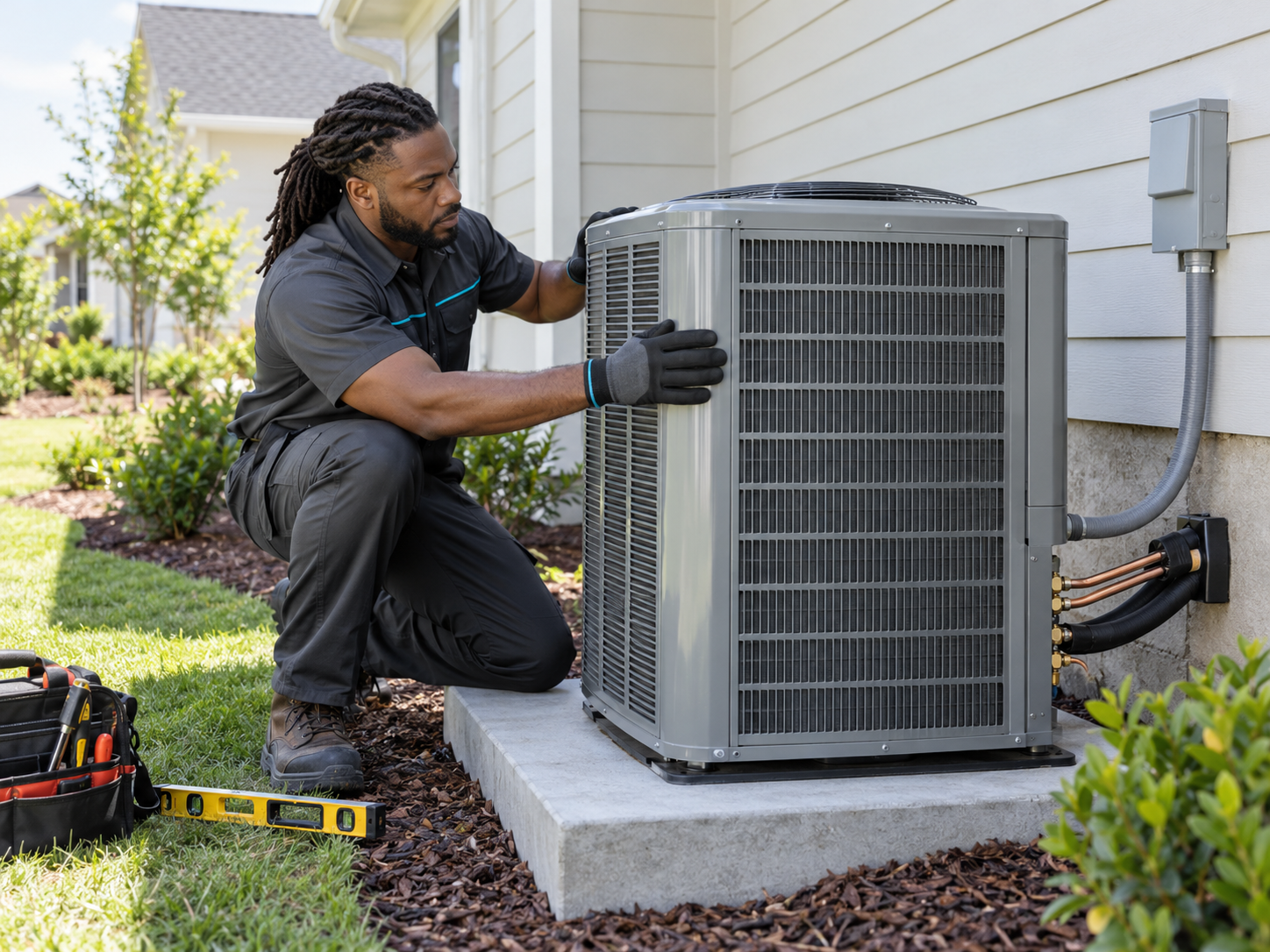 Black HVAC technician positioning a new outdoor AC condenser