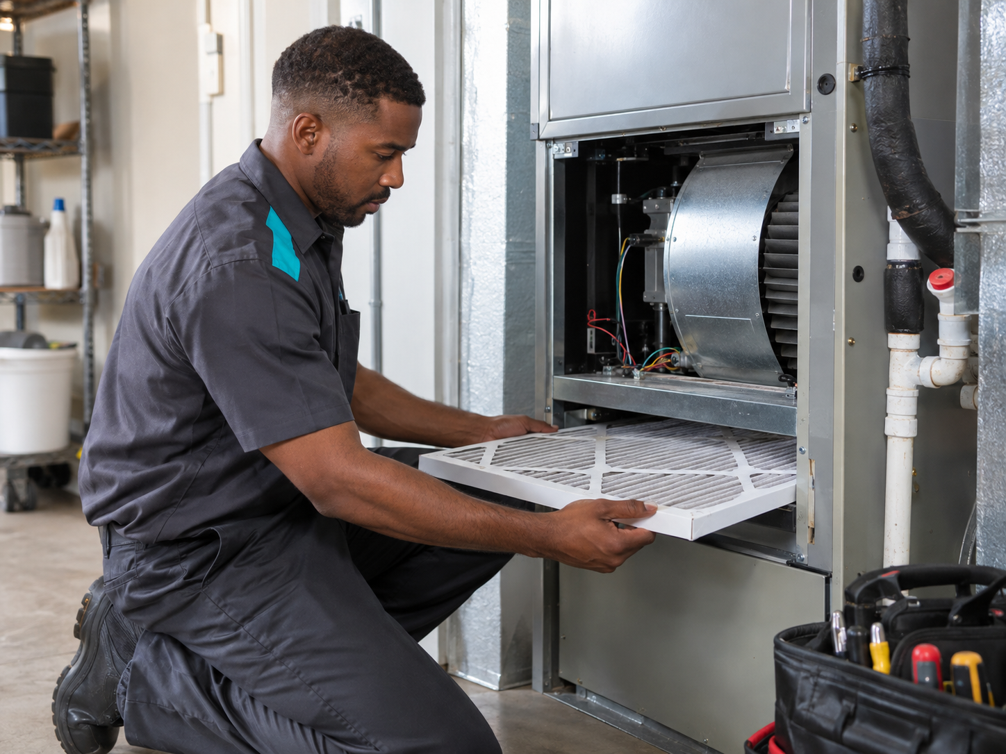 Black HVAC technician replacing an air handler filter during maintenance