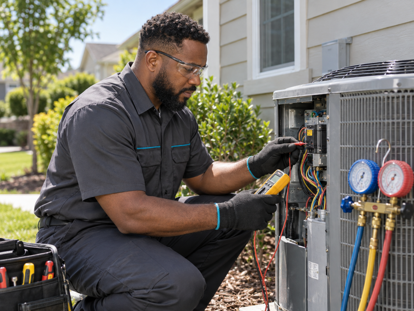 Black HVAC technician using a meter to diagnose an outdoor AC unit